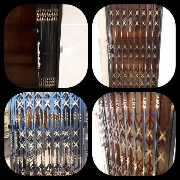 نمای نزدیک از حفاظ آکاردئونی فلزی آماده نصب پشت درب آپارتمان برای افزایش امنیت ورودی ساختمان