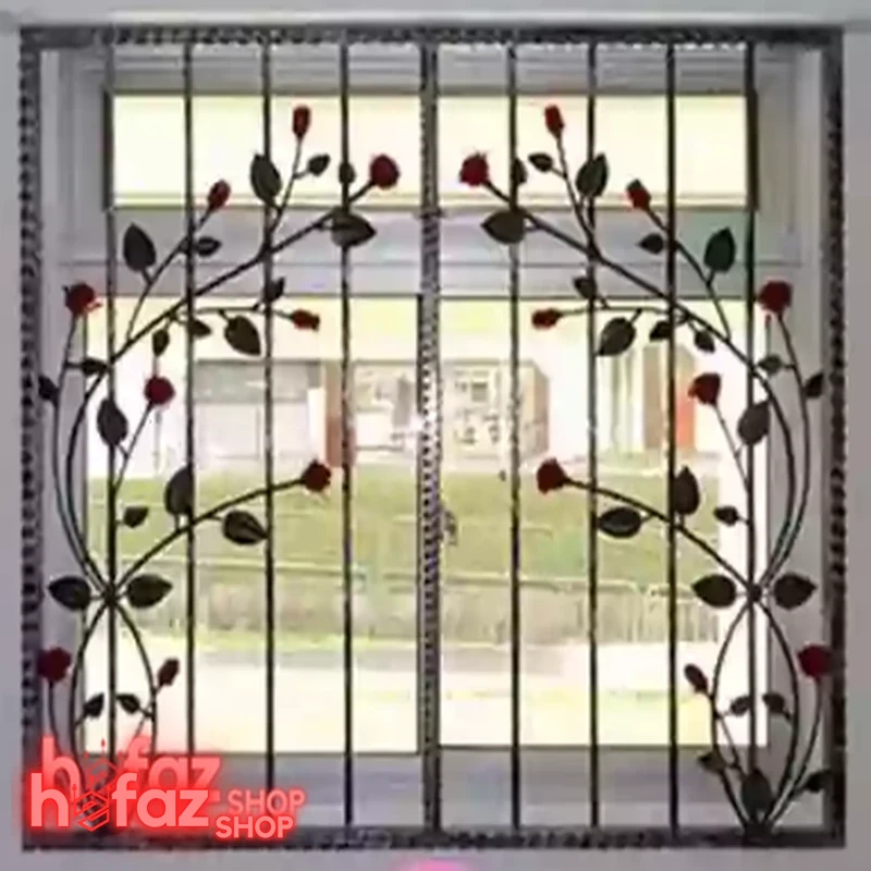 حفاظ پنجره فرفورژه هنری طرح گل رز و شاخه پیچان