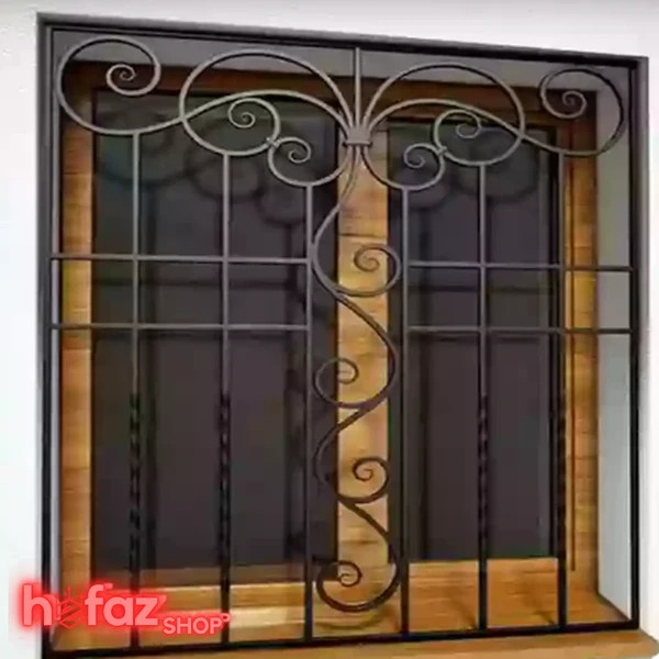 حفاظ پنجره فرفورژه مدرن با طرح اسکرول مرکزی عمودی