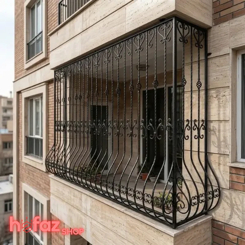 اجرای نرده فلزی بالکن قوس دار برای آپارتمان با رنگ کوره ای